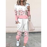 Dames Sets 2-delig Meetkundig Bloem Casual Comfortabel Huis Dagelijks Polyester Ademend Strakke ronde hals Lange mouw Pullover Pantalon Zak Herfst Winter Licht Roze Wit Lightinthebox