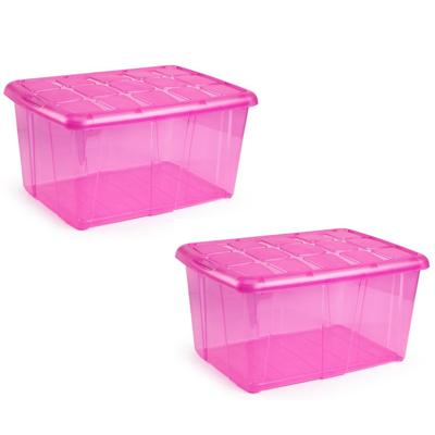 Plasticforte opslagbak organizers met deksel - 2x - transparant/roze - 60 liter - kunststof