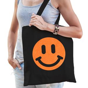 Cadeau tas voor dames - glitter smiley - zwart - katoen - 42 x 38 cm - Moederdag - verjaardag