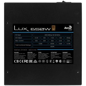 Aerocool LUX 650W power supply unit 20+4 pin ATX ATX Zwart