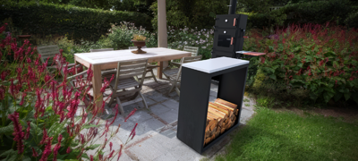 Beltza Butcher Block Houtopslag zwart L100 x B38,5 x H100 cm wit natuursteen blad - Geroba