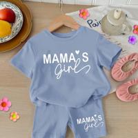 Baby Girls 2pcs Set Round Neck Short Sleeve T-Shirt And Leggings, Casual & Minimalist Blue