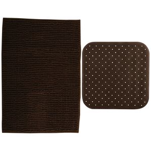 MSV Douche anti-slip mat en droogloop mat - Sevilla badkamer set - rubber/microvezel - bruin