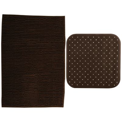 MSV Douche anti-slip mat en droogloop mat - Sevilla badkamer set - rubber/microvezel - bruin
