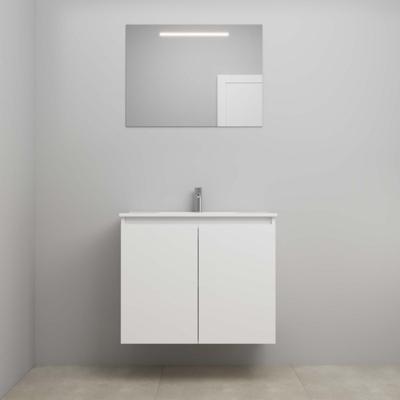 On-Line Badkamermeubelset - 80 cm - Voorgemonteerd - Greeploos 2 Deuren - Porseleinen Wastafel - 1 Kraangat - Spiegel met LED-Verlichting - Mat Wit