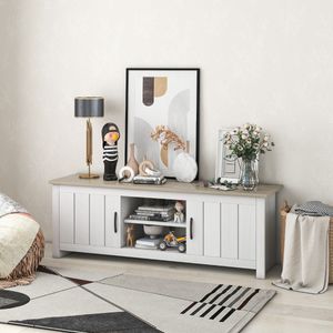 Meubel voor TV tot 65" Houten TV-Consoletafel 2 Kastjes Open Schappen 2 Kabelgaten voor Woonkamer Wit + Grijs