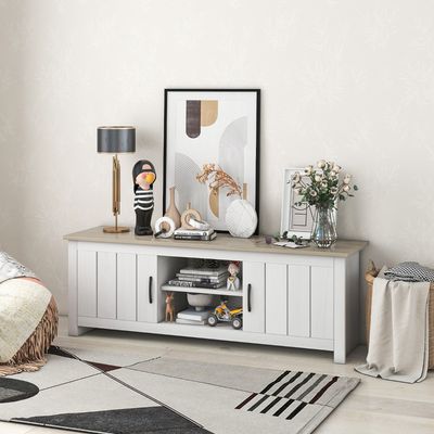 Meubel voor TV tot 65" Houten TV-Consoletafel 2 Kastjes Open Schappen 2 Kabelgaten voor Woonkamer Wit + Grijs