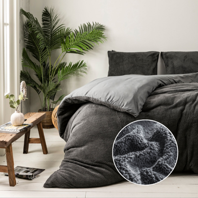 Dekbedovertrek Teddy - Lits-Jumeaux (240x220 Cm) - Antraciet Microvezel Teddy - Effen - Fresh And Co - Dekbed-Discounter.nl