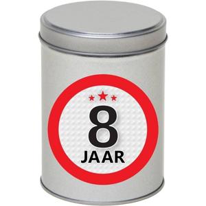 Zilver bewaarblik/opbergblik 13 cm met 8 jaar sticker - Cadeaudoosjes