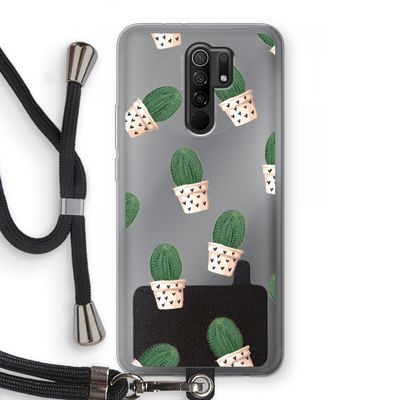 Cactusprint roze: Xiaomi Redmi 9 Transparant Hoesje met koord