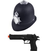 Carnaval verkleed politie agent set - pet/cap zwart - pistool zonder paffertjes - thumbnail