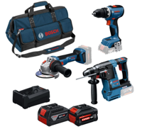 Bosch Blauw 3-delige Comboset GSR 18V-65 Accuboormachine, GBH 18V-26 Boorhamer, GWS 18V-11 Haakse slijper, 2x GBA 18V 5,0Ah-5,5Ah - 0615A500AJ
