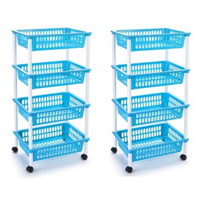 Plasticforte opberg trolley - roltafel - met 4 manden - blauw - set 2x stuks - 40 x 50 x 85 cm