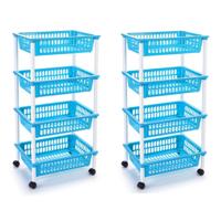 Plasticforte opberg trolley - roltafel - met 4 manden - blauw - set 2x stuks - 40 x 50 x 85 cm