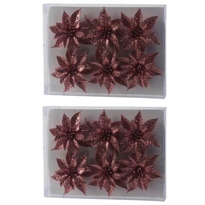 12x stuks decoratie bloemen rozen roze glitter op ijzerdraad 8 cm