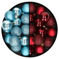 Kleine kerstballen - 28x st - donkerrood en ijsblauw - 3 cm - kunststof - Kerstbal - thumbnail