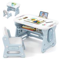 Kindertisch met Stoel & Kantelbaar Whiteboard in Hoogte Verstelbare Kindersitgroep Blauw