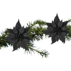 2x stuks kerstboom decoratie bloemen zwart glitter op clip 18 cm