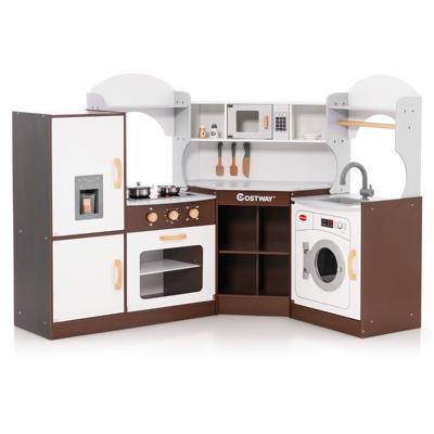 Hoekkeukenset voor Kinderen vanaf 3 Jaar Gemaakt van Hout Ijsmachine Magnetron oven Gootsteen Wasmachine Handdoekenrek