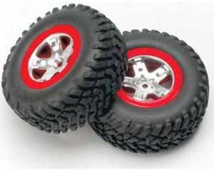 Tires & wheels, assembled, glued (sct satin chrome wheels, red beadlock (dual profile 2.2" outer, 3.0" inner), sct off-road tires, foam inserts) (2...