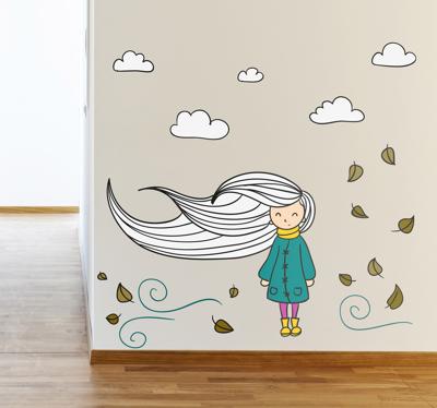 Muursticker girl in de Wind