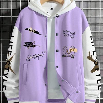 Bon&Bon Men's Cartoon Bear Print Bomber Jacket | Black Casual Coat Multicolor-2 / M