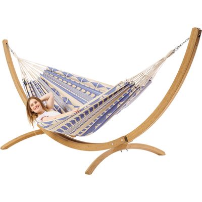 Tweepersoons hangmat met houten standaard - 350x160cm - Paars - 160kg draagkracht- 100% katoen - binnen & buiten