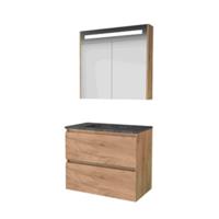 Basic-Line Premium 46 Badkamermeubelset - 80 x 46 cm - Greeploos - 2 Lades - Hardstenen Wastafel - 1 Kraangat - Spiegelkast met LED Verlichting - Whisky Oak