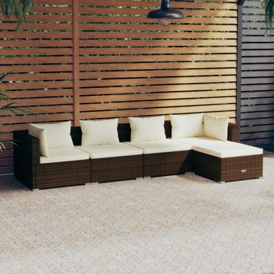 5-delige Loungeset met kussens poly rattan bruin