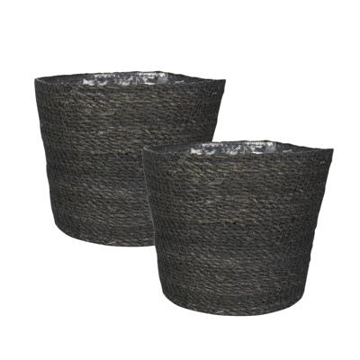 Ter Steege Plantenpot - Set van 3x stuks - grijs - gevlochten zeegras - 18 x 16 cm - plastic binnenk