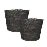 Ter Steege Plantenpot - Set van 3x stuks - grijs - gevlochten zeegras - 18 x 16 cm - plastic binnenk