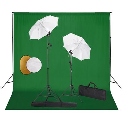 Fotostudioset met lampen, paraplu's, achtergrond en reflector