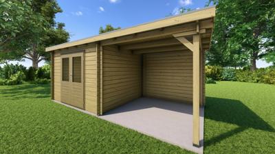 Classicline Blokhut Gelderland vuren groen geïmpregneerd 300x250 cm + overkapping 250 cm- Lessenaarsdak- - Van Kooten