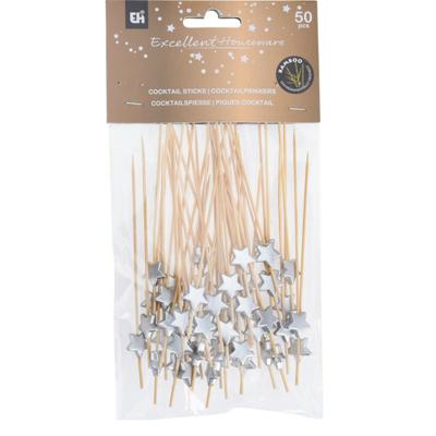 Hapjes Cocktailprikkers met sterretje - zilver - 50x stuks - bamboe - hapjes prikkers - 12 cm