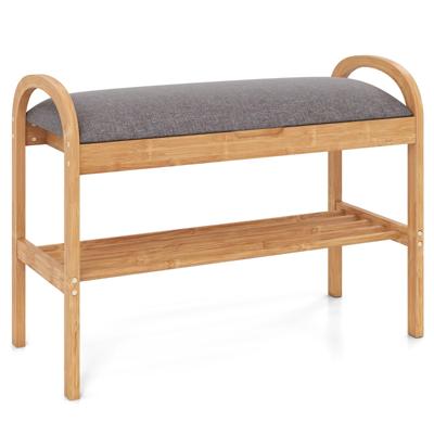 Schoenenbank van Bamboe met Opbergruimte Schoenenrek met 2 Niveaus Bekleed Zitkussen en Plank 70 x 31,5 x 51 cm
