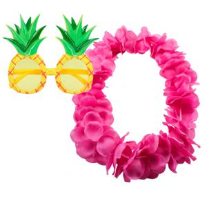 Tropische Hawaii party verkleed accessoires set - Ananas zonnebril - bloemenkrans fuchsia roze