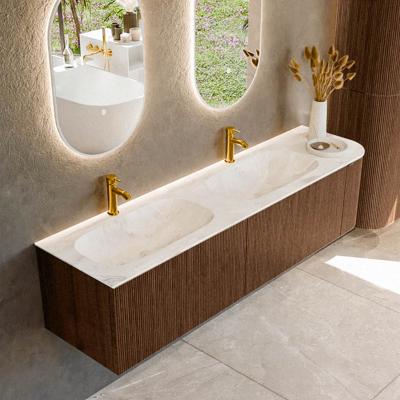 Badmeubel Mondiaz Kurve-Dlux | 175 cm | Meubelkleur Walnut | Wastafelkleur Frappe | Solid surface | Dubbele spoelbak | 2 kraangaten