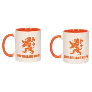 2x stuks hup Holland hup met leeuw mok/ beker oranje wit 300 ml