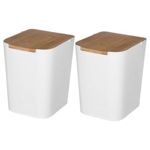 Prullenbak/vuilnisbak - 2x stuks - 5 liter - bamboe - wit/lichtbruin - 24 x 19 cm - badkamer