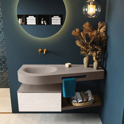 MONDIAZ RIVA 120cm badmeubel onderkast / planchet kleur Underlayment met 1 lade. Wastafel DULCET links 0 kraangaten kleur Smoke.