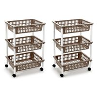 2x stuks opberg trolley/roltafel/organizer met 3 manden 40 x 30 x 61,5 cm wit/taupe