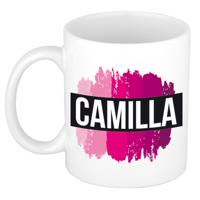 Camilla naam cadeau koffie mok - beker - met roze verfstrepen - Cadeau collega - moederdag