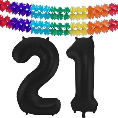 Leeftijd folie ballonnen - Leeftijd cijfer 21 - zwart - 86 cm - en 2x feestslingers gekleurd