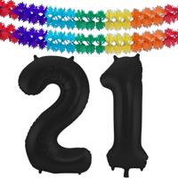 Leeftijd folie ballonnen - Leeftijd cijfer 21 - zwart - 86 cm - en 2x feestslingers gekleurd