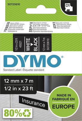 Dymo D1 tape 12 mm, wit op zwart