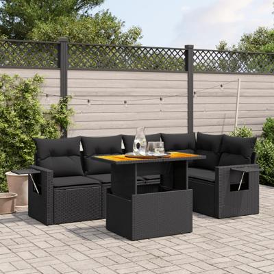 6-delige Loungeset met kussens poly rattan zwart