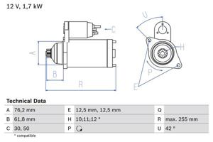 Startmotor / Starter BOSCH, Spanning (Volt)12V, u.a. für VW, Skoda, Audi, Seat