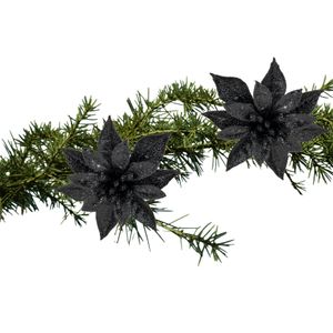 Kerstboom decoratie bloemen op clip - 2x st- zwart - 8 cm - glitters - kunststof