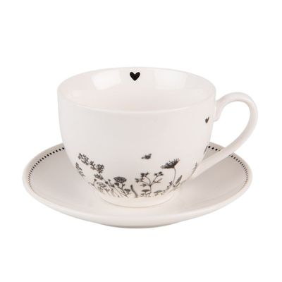 Kop en Schotel 200ml beige met zwarte bloemen
