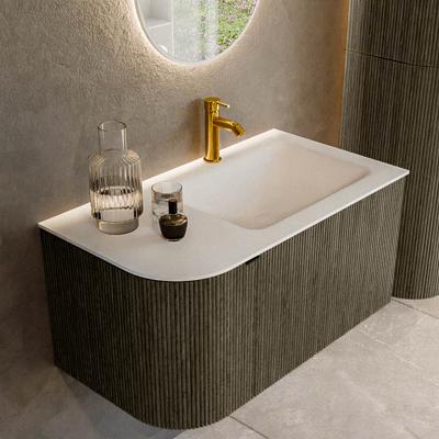 Badmeubel Mondiaz Kurve | 85 cm cm | Meubelkleur Shadow | Wastafelkleur Talc | Solid surface | Wasbak rechter zijde spoelbak | 1 kraangat